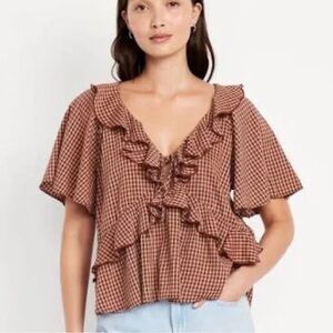 Old Navy Red Gingham Plaid Ruffle Flutter Sleeve Blouse XS